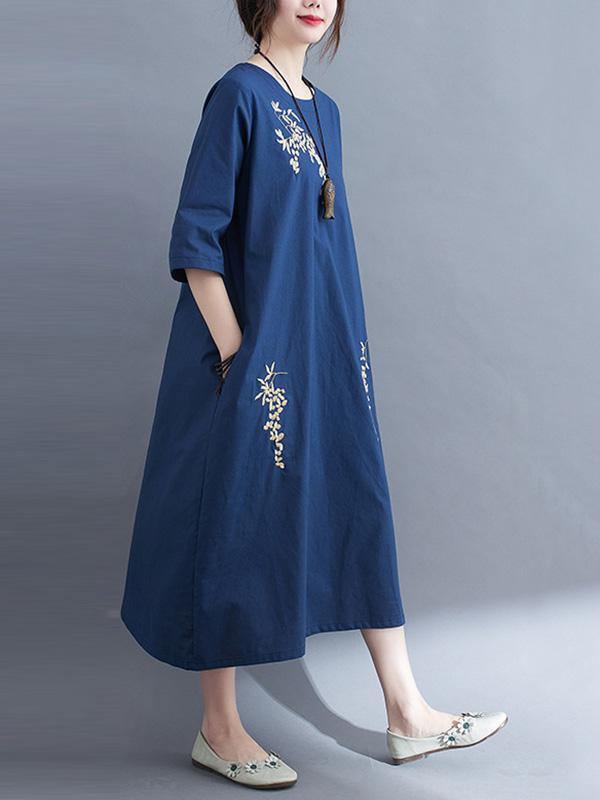 Embroidery Vintae Color Half-Sleeve Long Dress-Cozy Dresses-RED-M-Free Shipping Leatheretro