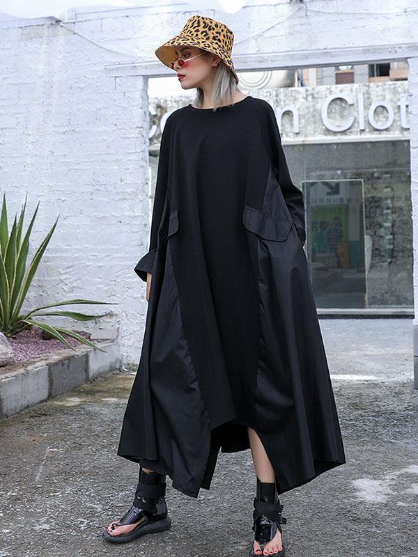 Black Loose A-line Long Sleeves Dresses-Cozy Dresses-FREE SIZE-BLACK-Free Shipping Leatheretro