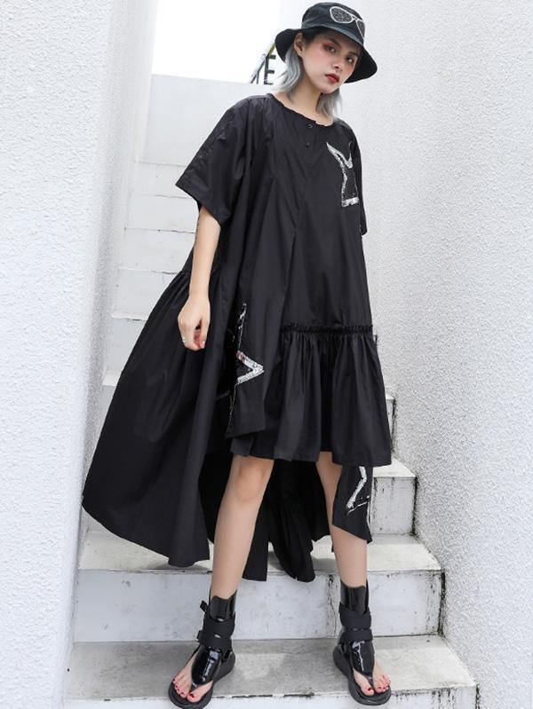 Black Oversize Asymmetric Stars Dress-Maxi Dresses-Free Size-Black-Free Shipping Leatheretro