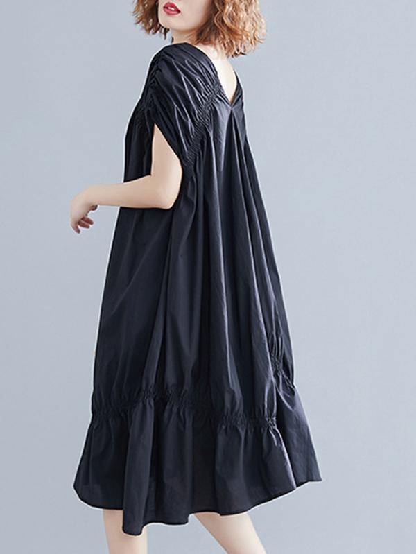 Black Loose Drawstring Ruffled Midi Dress-Cozy Dresses-Free Size-Black-Free Shipping Leatheretro