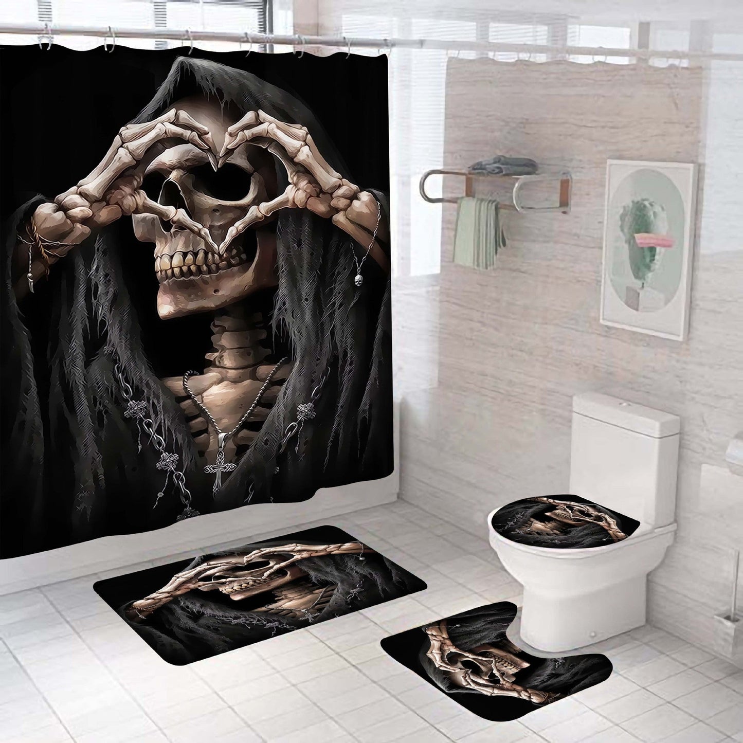 Halloween Skeleton Fabric Shower Curtain Sets-Shower Curtains-Shower Curtain+3Pcs Mat-Free Shipping Leatheretro