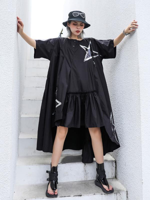 Black Oversize Asymmetric Stars Dress-Maxi Dresses-Free Size-Black-Free Shipping Leatheretro