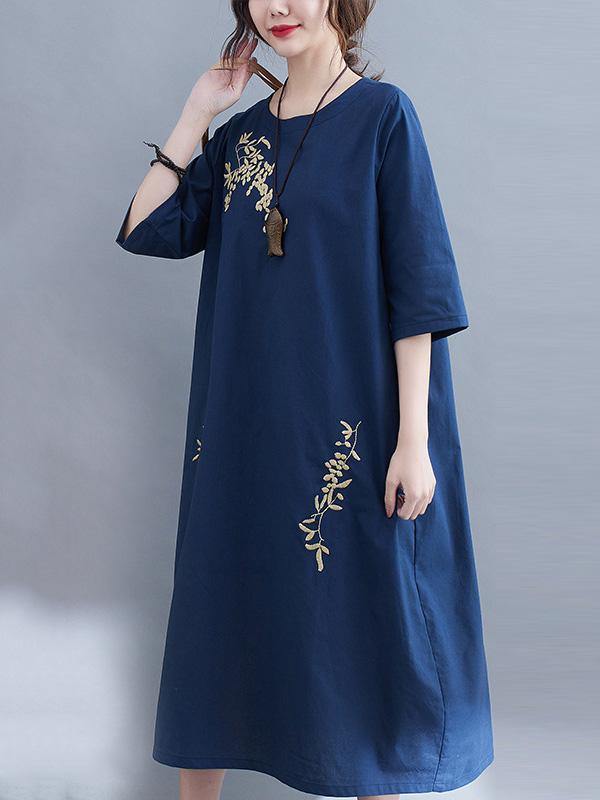 Embroidery Vintae Color Half-Sleeve Long Dress-Cozy Dresses-RED-M-Free Shipping Leatheretro