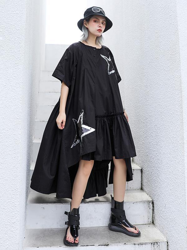 Black Oversize Asymmetric Stars Dress-Maxi Dresses-Free Size-Black-Free Shipping Leatheretro