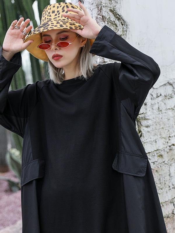 Black Loose A-line Long Sleeves Dresses-Cozy Dresses-FREE SIZE-BLACK-Free Shipping Leatheretro