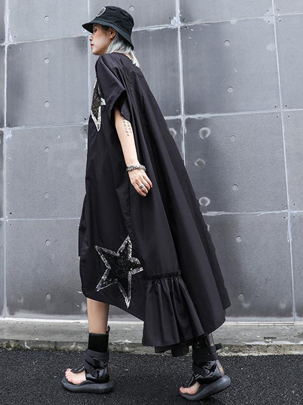 Black Oversize Asymmetric Stars Dress-Maxi Dresses-Free Size-Black-Free Shipping Leatheretro