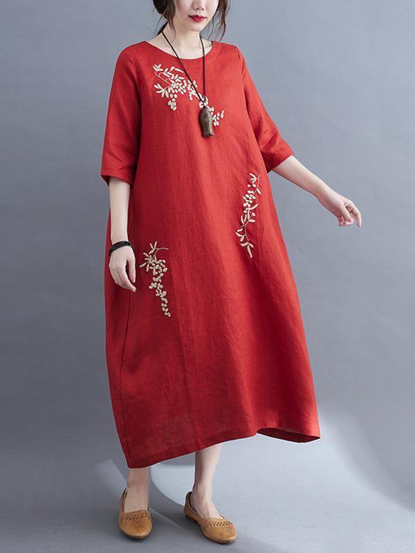 Embroidery Vintae Color Half-Sleeve Long Dress-Cozy Dresses-RED-M-Free Shipping Leatheretro