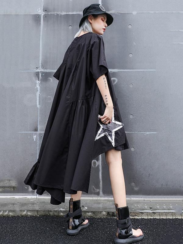 Black Oversize Asymmetric Stars Dress-Maxi Dresses-Free Size-Black-Free Shipping Leatheretro