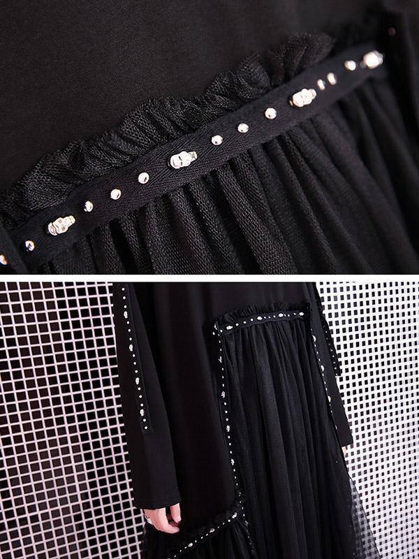 Black Loose Rivet Gauze Splicing Dress-Cozy Dresses-Free Size-Black-Free Shipping Leatheretro