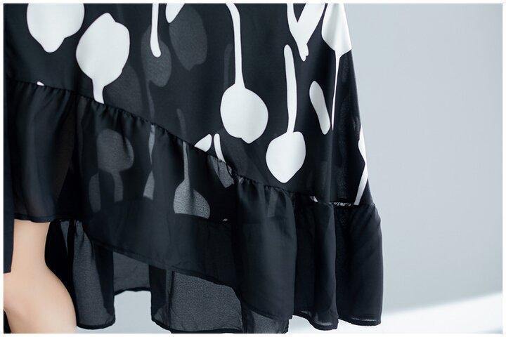 Black Printed Ruffle Shirt Midi Dress-Cozy Dresses-BLACK-L-Free Shipping Leatheretro