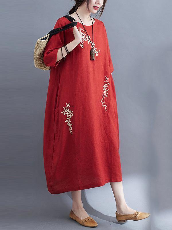 Embroidery Vintae Color Half-Sleeve Long Dress-Cozy Dresses-RED-M-Free Shipping Leatheretro