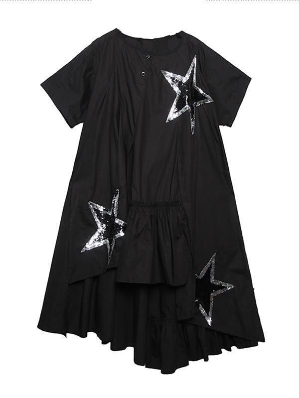 Black Oversize Asymmetric Stars Dress-Maxi Dresses-Free Size-Black-Free Shipping Leatheretro