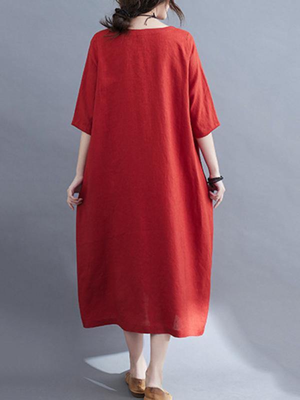 Embroidery Vintae Color Half-Sleeve Long Dress-Cozy Dresses-RED-M-Free Shipping Leatheretro