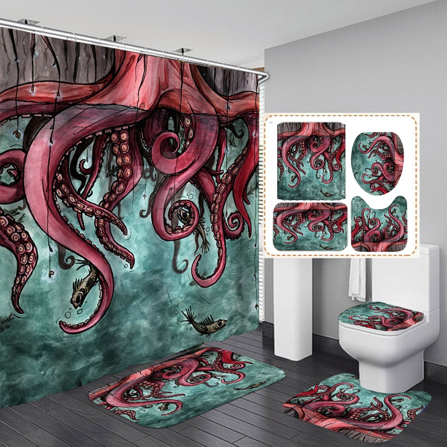 Red Octopus Fabric Shower Curtain Sets-Shower Curtains-Shower Curtain+3Pcs Mat-Free Shipping Leatheretro