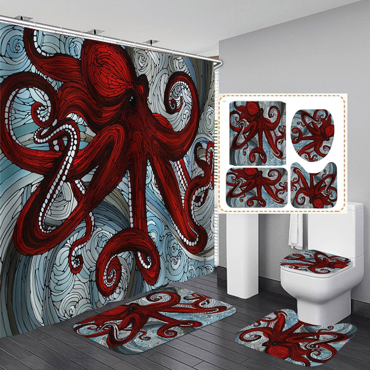 Wine Red Octopus Fabric Shower Curtain Sets-Shower Curtains-Shower Curtain+3Pcs Mat-Free Shipping Leatheretro