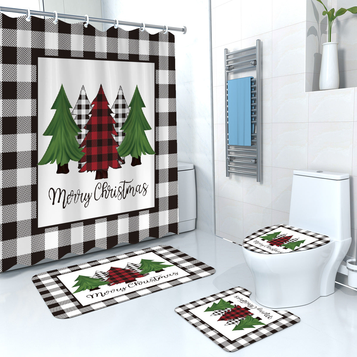Merry Christmas Trees Fabric Shower Curtain Sets-Shower Curtains-Shower Curtain+3Pcs Mat-Free Shipping Leatheretro