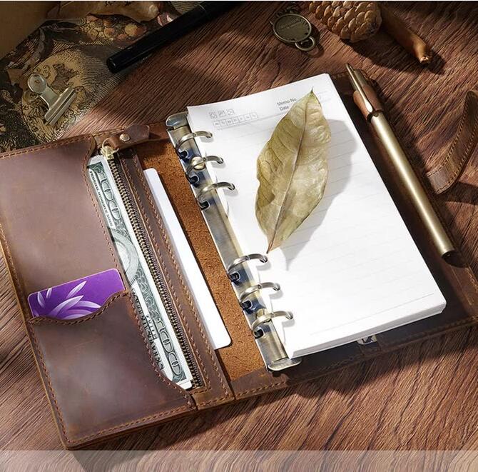 Vintage A5/A6 Sized 6 Ring Binder Leather Portfolio/Journal Book-Portfolios & Padfolios-Brown-A5-Free Shipping Leatheretro