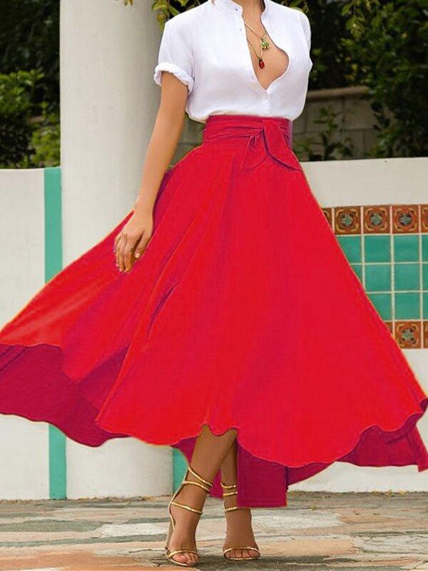 Short Sleeve T-Shirt &Skirt Two-Pice Suits-Midi Dresses-RED-S-Free Shipping Leatheretro