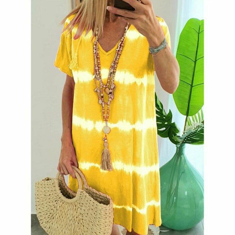 Summer Tie-dye Short Sleeve Mini Sundress-Mini Dresses-yellow-S-Free Shipping Leatheretro