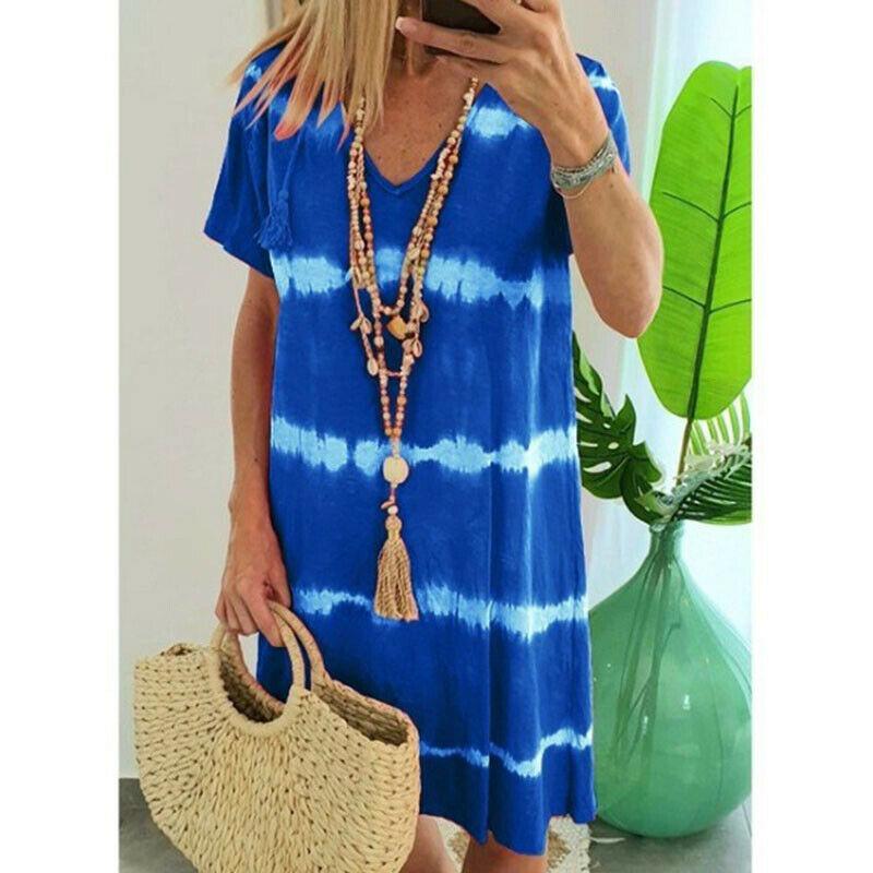 Summer Tie-dye Short Sleeve Mini Sundress-Mini Dresses-blue-S-Free Shipping Leatheretro