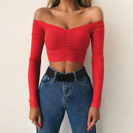 Sexy Slim Off Shoulder Crop Tops-Crop Tops-Red-S-Free Shipping Leatheretro