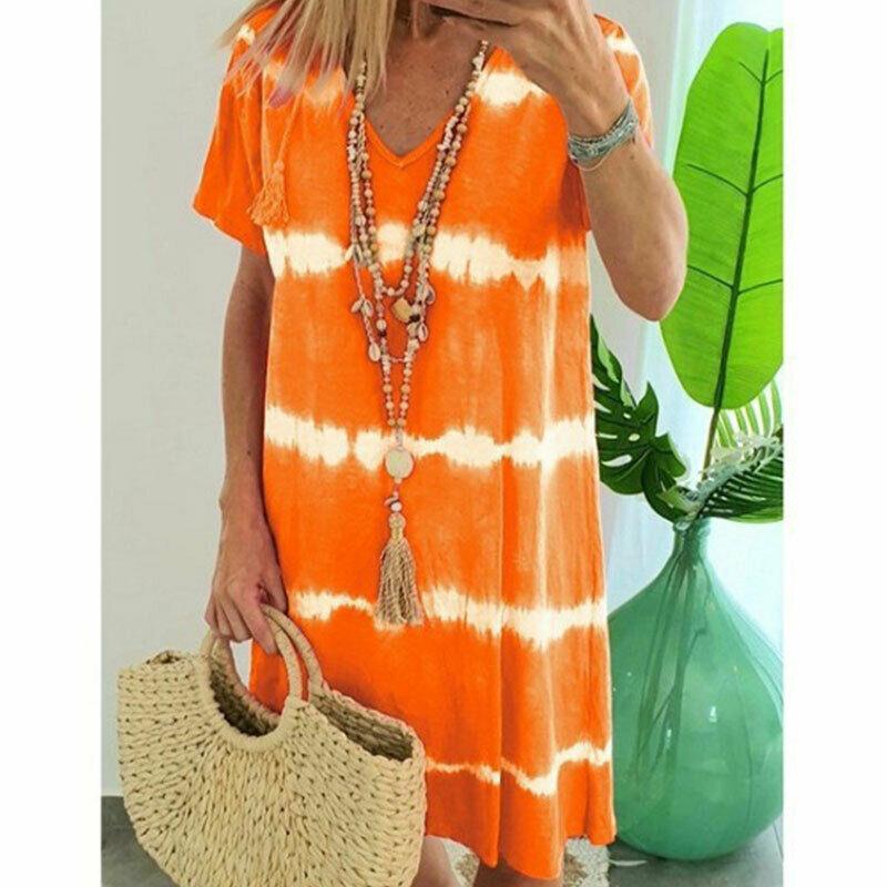 Summer Tie-dye Short Sleeve Mini Sundress-Mini Dresses-orange-S-Free Shipping Leatheretro