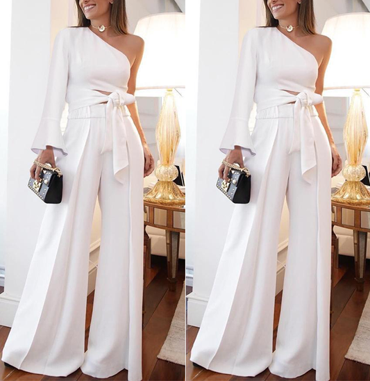 Loose One Shoulder Long Sleeves Jumpsuits-One Piece Suits-White-XL-Free Shipping Leatheretro