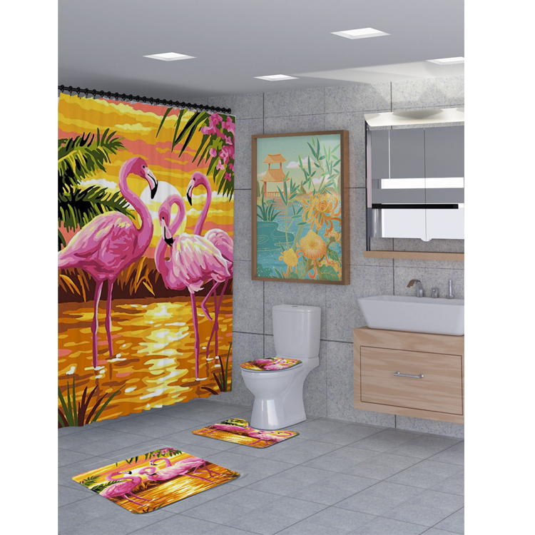 3D Flamingo Shower Curtain Set Bathroom Rug Bath Mat Non-Slip Toilet Lid Cover-Shower Curtains-A-Shower Curtain+3Pcs Mat-Free Shipping Leatheretro