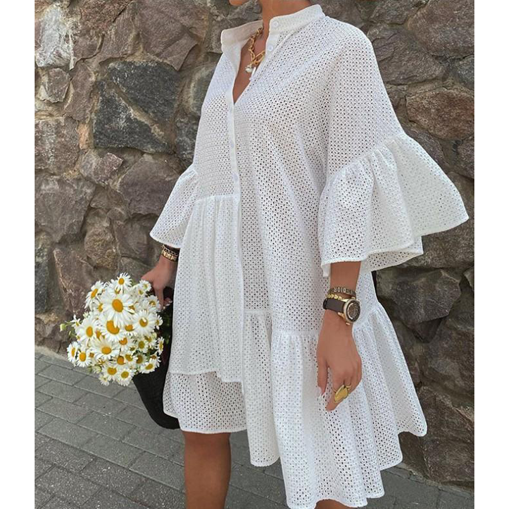 Fashion Turnover Collar Fall Women Dresses-Mini Dresses-White-S-Free Shipping Leatheretro