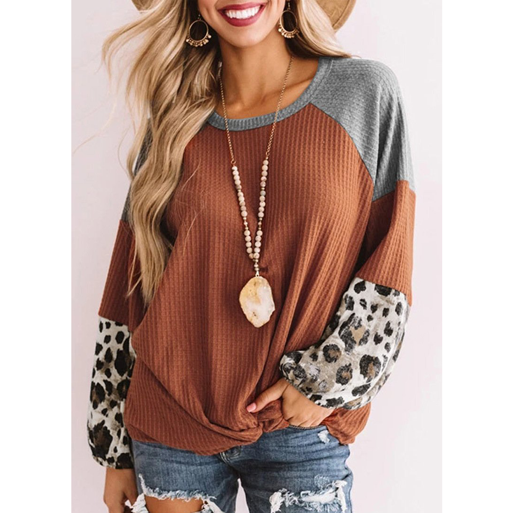 Casual Women Leopard Knitting Long Sleeves T Shirts-Women Sweaters-Orange-S-Free Shipping Leatheretro