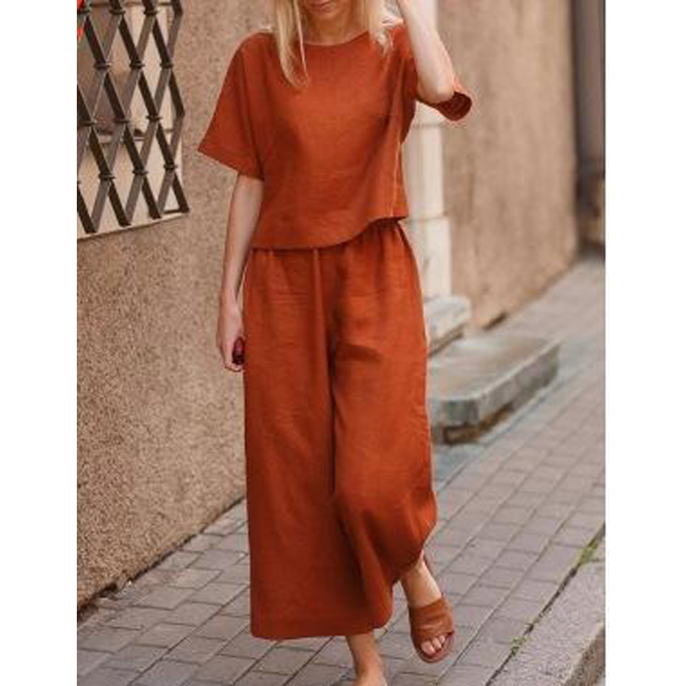 Leisure Women Loose Linen Two Pieces Suits-Two Pieces Suits-Orange-S-Free Shipping Leatheretro