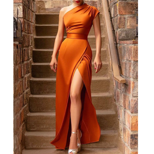 Sexy Orange High Waist One Shoulder Party Long Dresses-Dresses-Orange-S-Free Shipping Leatheretro